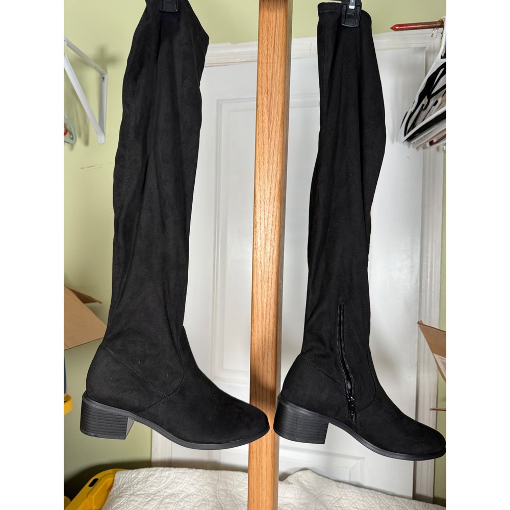 Black Faux Suede Over The Knee Boots Low Block Heel Side Zip Tall Boots